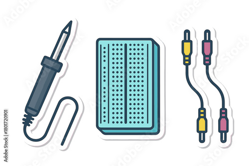 Soldering Iron Breadboard and Audio Video Cable Components