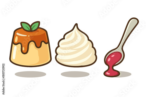 Caramel custard pudding with whipped cream and berry sauce icons
