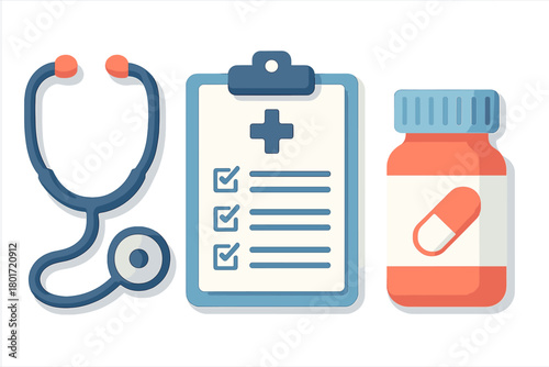 Stethoscope medical chart and prescription pill bottle icons set