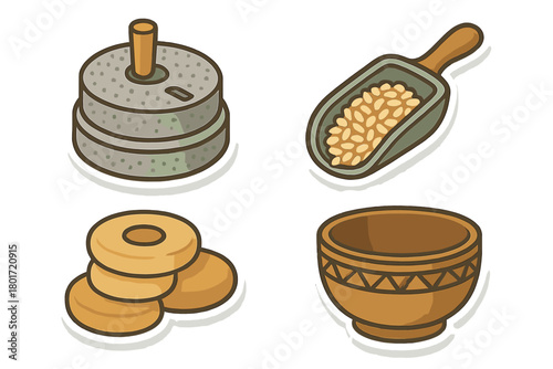Traditional stone mill, grain scoop, flatbread, and ancient wooden bowl elements