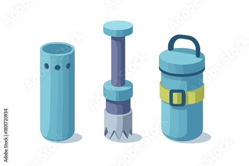 Isometric collection of blue tools and equipment featuring a hole saw and a portable insulated container