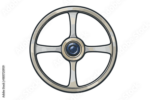 Classic four-spoke steering wheel with metallic finish and central hub