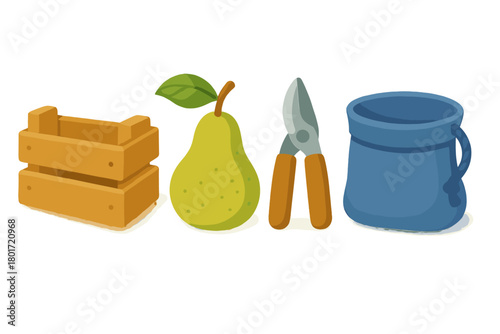 Wooden crate with fresh pear, pruning shears, and blue harvesting bag
