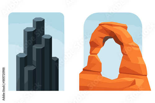 Geometric natural arch rock formation and abstract hexagonal basalt columns