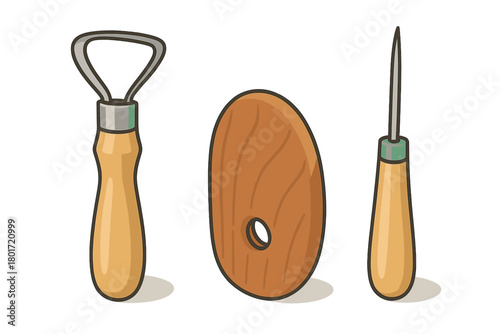 Three essential pottery sculpting and trimming tools with wooden handles