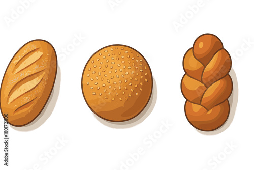 Assortment of baked bread types including baguette bun and challah loaf