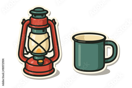 Camping lantern and enamel mug sticker set icons