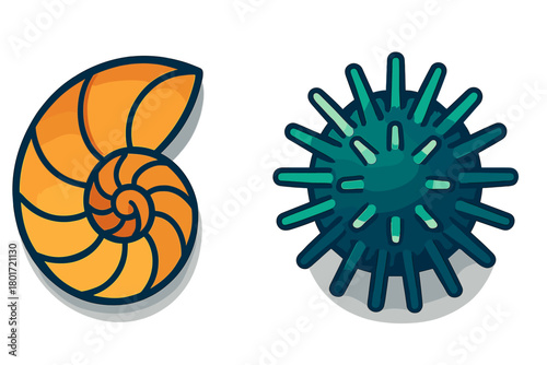 Nautilus shell spiral and virus particle comparison icons