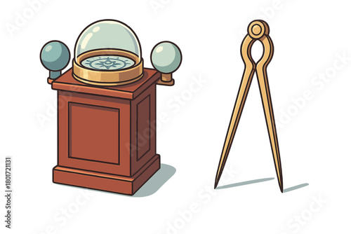 Antique compass and dividers on a wooden stand