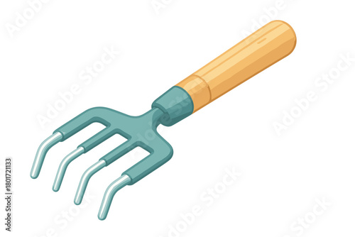 Isometric hand cultivator tool with wooden handle and metal tines