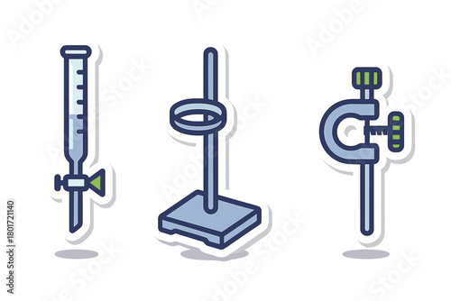 Chemistry laboratory titration equipment icons for scientific analysis