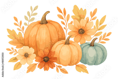 Seasonal arrangement of pumpkins and fall flowers for harvest time