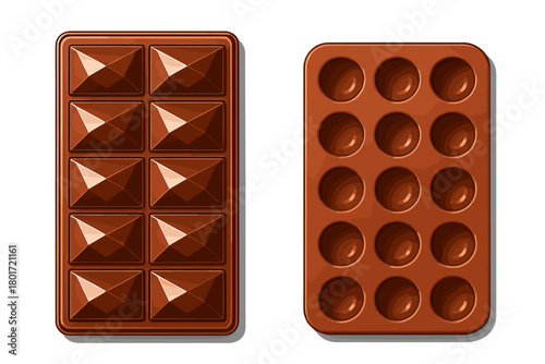 Segmented chocolate bar pieces beside empty silicone candy mold cavities