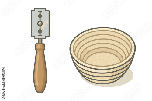 Banneton proofing basket and bread lame scoring tool set