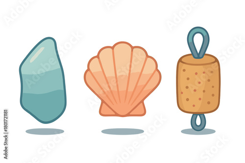 Sea glass scallop shell and cork fishing float icons