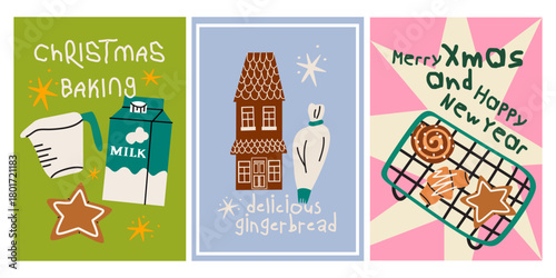 Bright posters with traditional Christmas pastries in retro cartoon style. Baking, gingerbread house, cookies. Decor for wallpaper, print, postcards, greeting cards. Vector illustrations