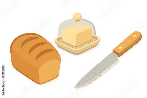 Isometric set of bread loaf butter and spreading knife