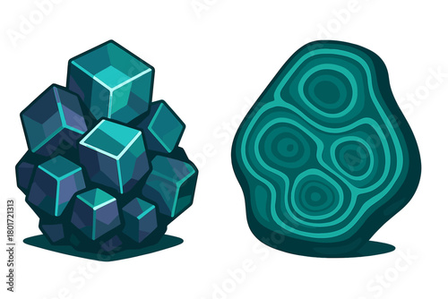 Cluster of blue and teal geometric crystals and polished stone mineral