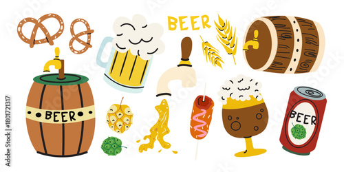 Oktoberfest beer festival elements set in doodle cartoon style. Different beer types, beer mugs, pretzel, sausage, barrel, hops. Beer stickers for patches, labels, holiday greetings