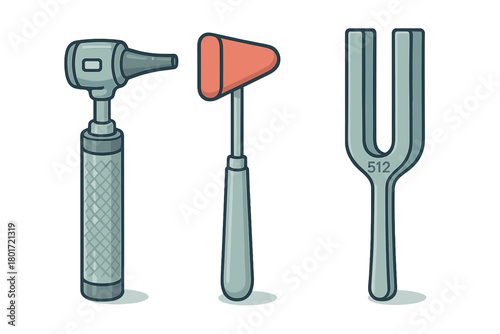 Set of three medical diagnostic instruments including otoscope reflex hammer and tuning fork