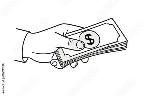 Hand holding thick stack of paper currency with dollar sign