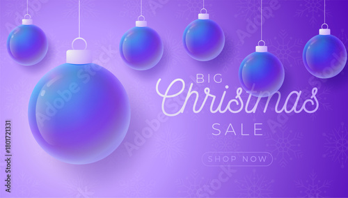 Christmas and New Year sport banner. Merry Christmas tech greeting card with xmas ball as a bauble on purple neon background. Vector illustration