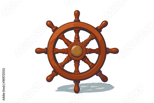 Classic wooden ship steering wheel with detailed brass center