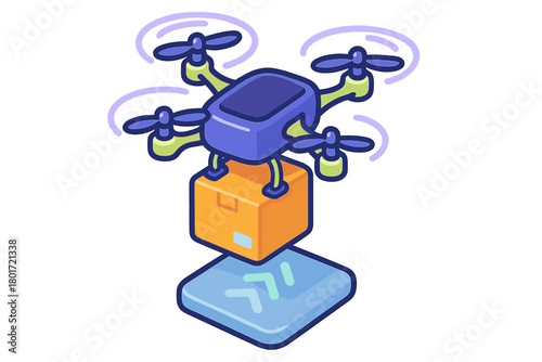 Isometric drone delivering package to landing pad icon