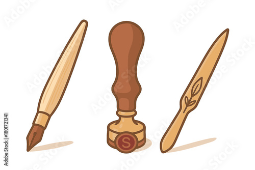 Vintage calligraphy and wax sealing tools set with wooden handles