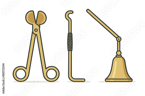 Set of three golden candle care tools including trimmer dipper and snuffer