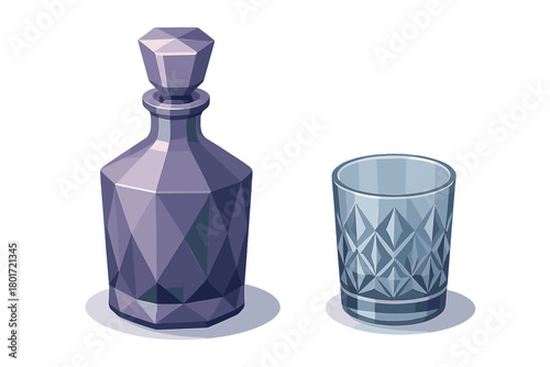 Geometric crystal decanter and drinking glass set isolated on white background