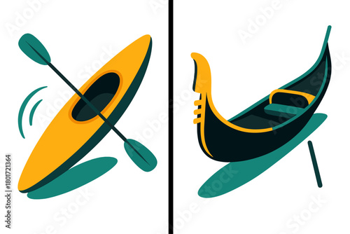 Kayak and gondola boat icons for water transport and travel