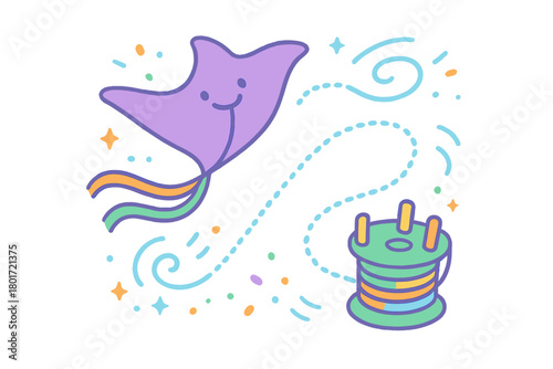 Smiling manta ray kite soaring high with colorful string spool