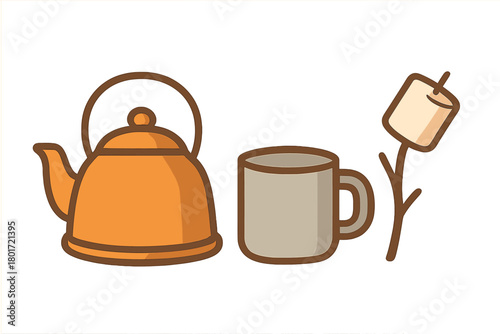 Camping hot beverage preparation with kettle mug and toasted marshmallow