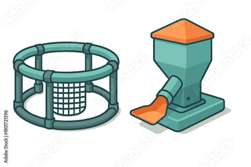 Isometric icons of aquaculture fish farm cage and automatic feeder