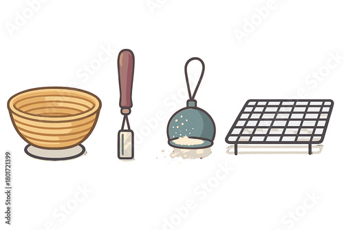 Essential baking and cooking utensils including bowl, spatula, sifter, and cooling rack