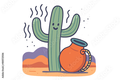 Cheerful anthropomorphic saguaro cactus standing beside clay water jug in arid landscape