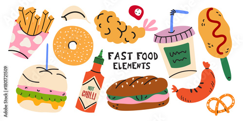 Street food stickers set in retro cartoon style. Fast food elements, burgers, taco, sandwich, french fries, donut, noodles, ketchup, chicken nuggets and other tasty snacks. Vector illustrations