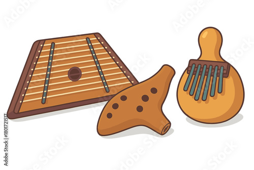 Collection of traditional folk musical instruments including zither and thumb piano