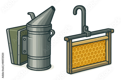 Beekeeping smoker and honey frame with detailed honeycomb cell structure