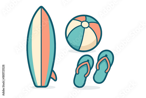 Summer vacation icons: surfboard, beach ball, and flip flops