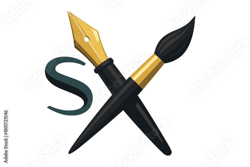 Papier peint Crossed fountain pen nib and paintbrush with stylized letter S