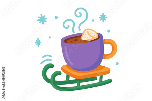 Hot chocolate mug with marshmallow resting on a winter sled