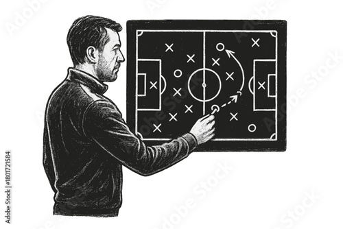 Soccer coach drawing team strategy on dark chalkboard with player positions