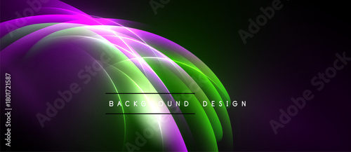 Abstract flowing shapes, vibrant purple, green hues. Dynamic light effects create modern background design. Dark space emphasizes luminosity.