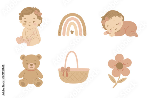 Boho nursery icons featuring cute baby girl and teddy bear elements