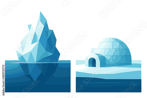 Geometric iceberg and igloo icons representing arctic climate and habitat