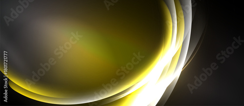 Abstract design features flowing yellow, gray curves against black background. Smooth gradients create dynamic visual effect.