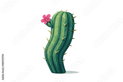 Stylized green cactus with pink flower and sharp yellow spines