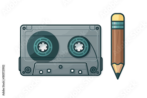 Analog audio cassette tape and wooden pencil side by side